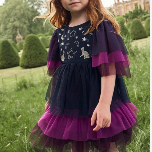 Mini Boden Witchy Navy and Purple Embroidered Dress - Picture 2 of 7